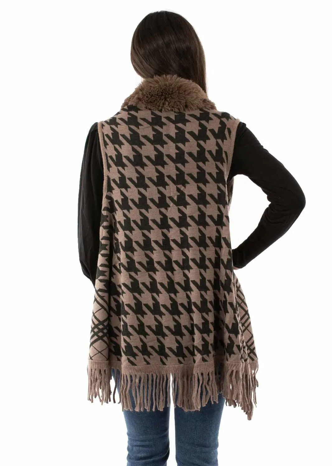 Scully Womens Houndstooth Trim Brown 100% Acrylic Cardigan Sweater Layered Basics Couple Look Modern