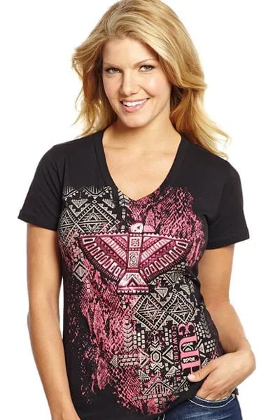 Cowgirl Up Womens Black Cotton S/S T-Shirt Tribal Foil V-Neck Classic Wear