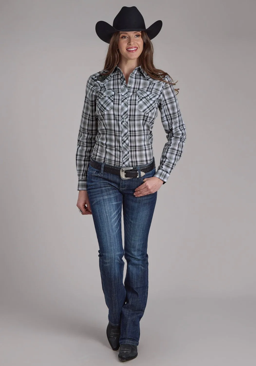 Roper Womens 2126 Plaid Grey/White Cotton Blend L/S Shirt Casual Comfort Roll-Up Sleeve