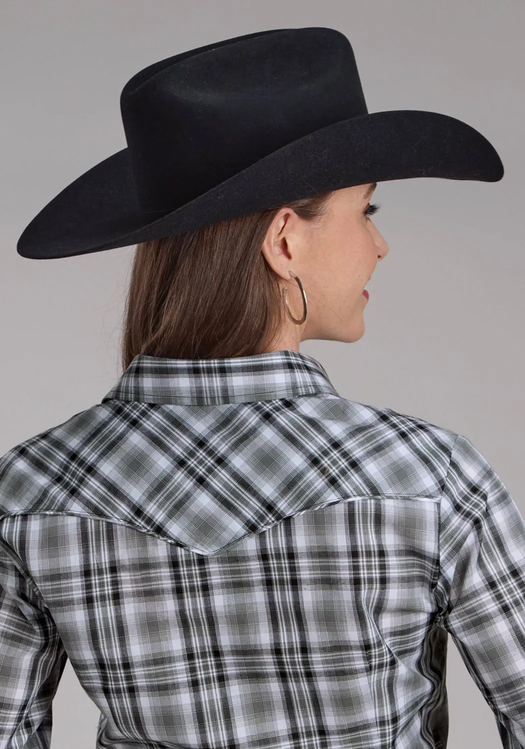 Roper Womens 2126 Plaid Grey/White Cotton Blend L/S Shirt Geometric Shape