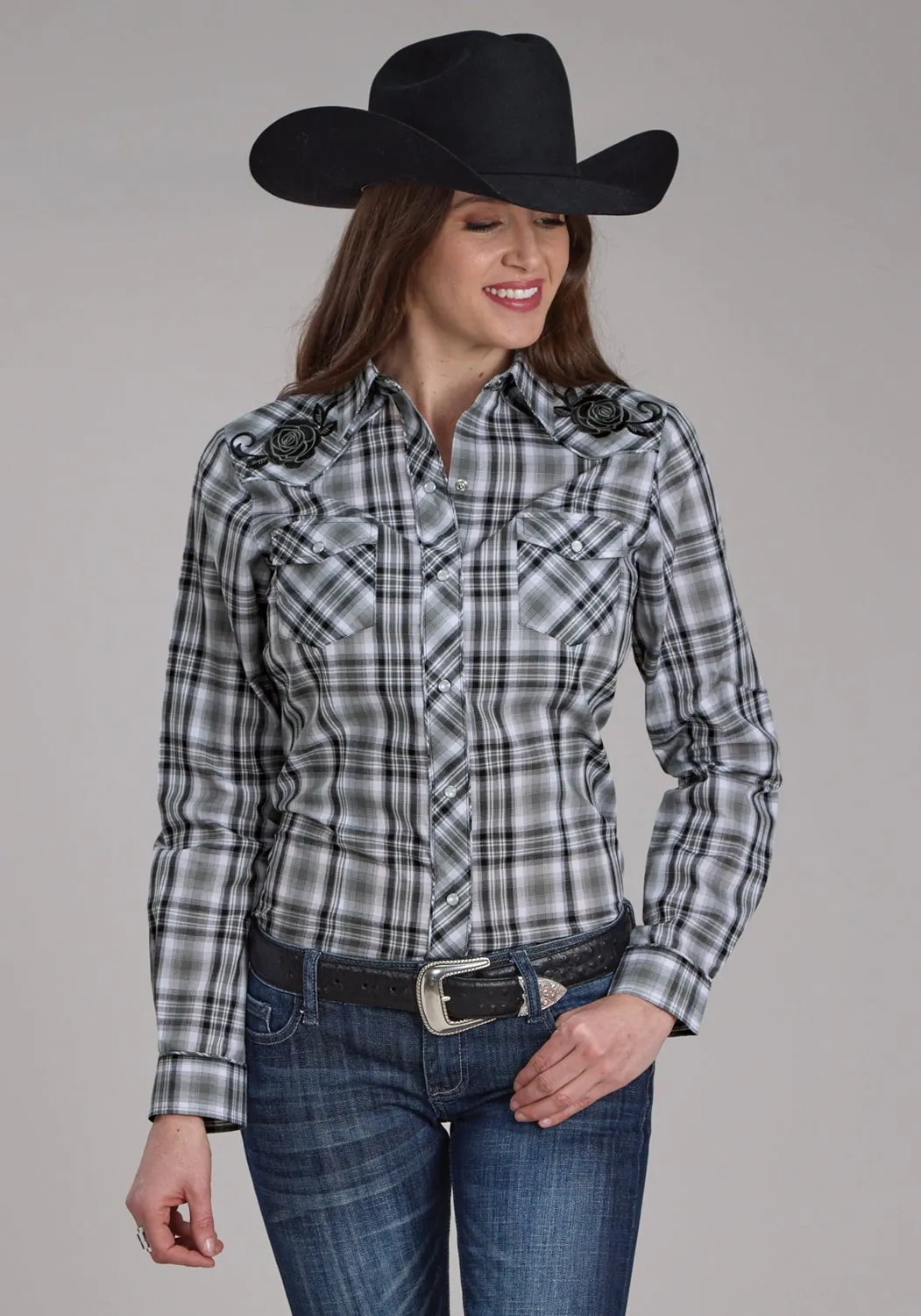 Trendy designs Brunch Outfit Roper Womens 2126 Plaid Grey/White Cotton Blend L/S Shirt