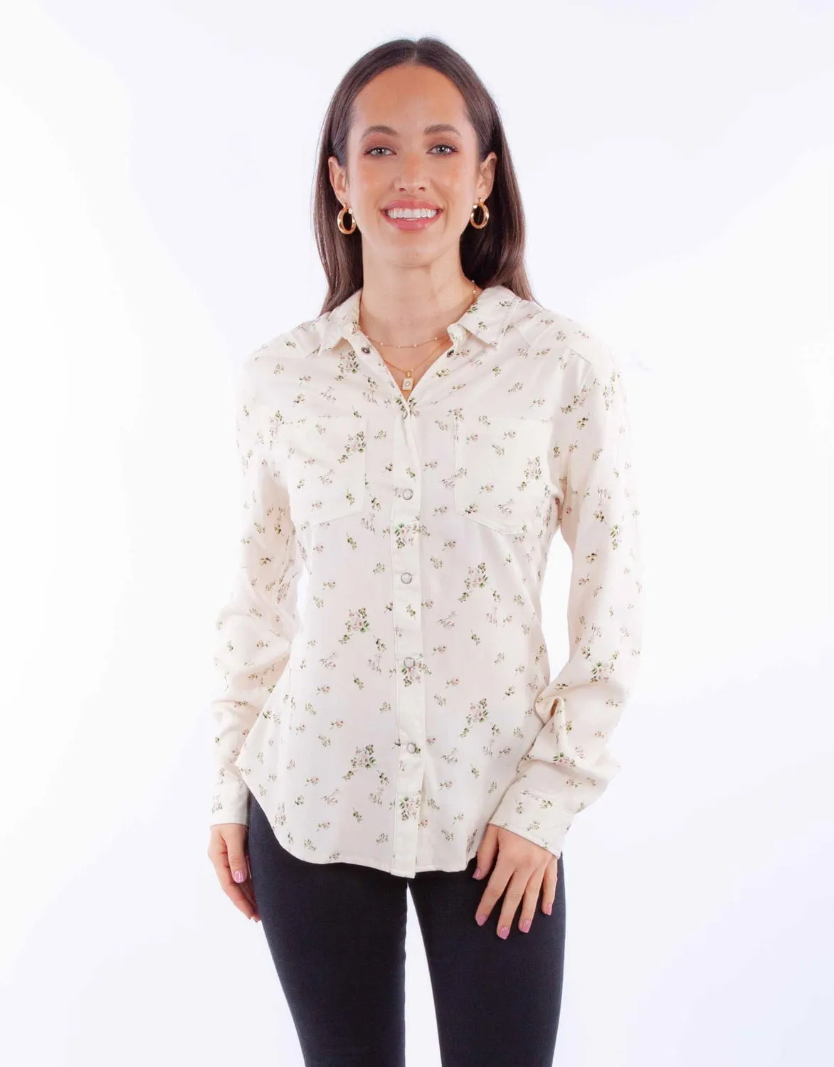 Flexible Shoulder Construction Tear Resistant Reinforcement Scully Womens Ditsy Floral Print Ivory 100% Rayon L/S Blouse