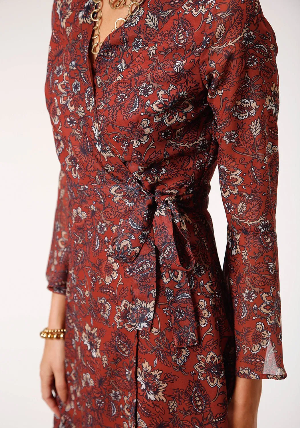 Chill Friendly Roper Womens Floral Border Rust 100% Polyester L/S Dress