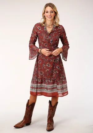 Flexible Waistband Roper Womens Floral Border Rust 100% Polyester L/S Dress Soft Road Trip Youth Style Fashion Comfort Roper Womens Floral Border Rust 100% Polyester L/S Dress