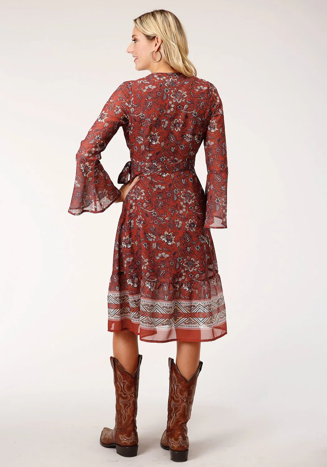 Roper Womens Floral Border Rust 100% Polyester L/S Dress Light Layers