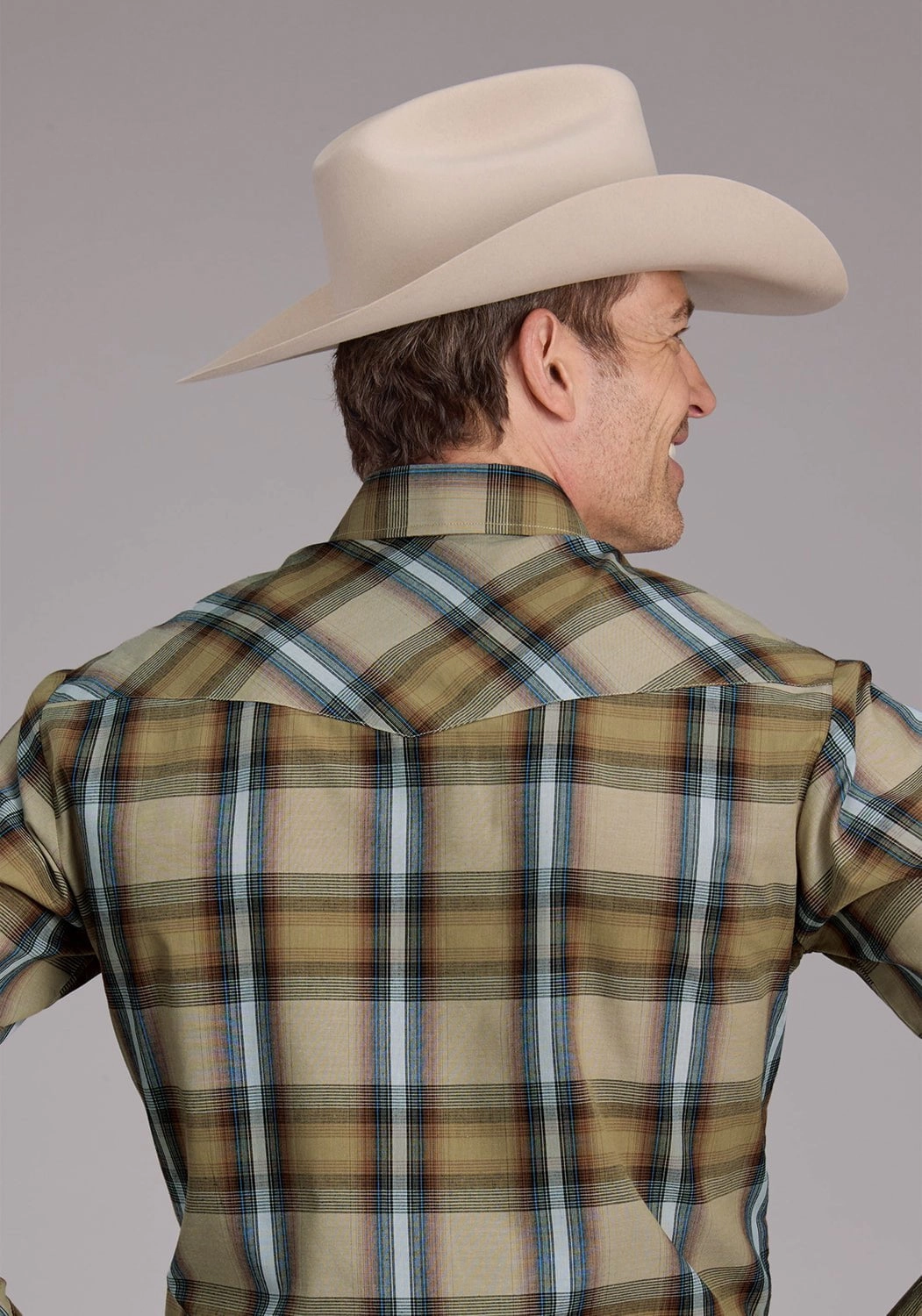 Roper Mens 2410 Plaid Tan Cotton Blend L/S Shirt Soft Material Relaxed Silhouette