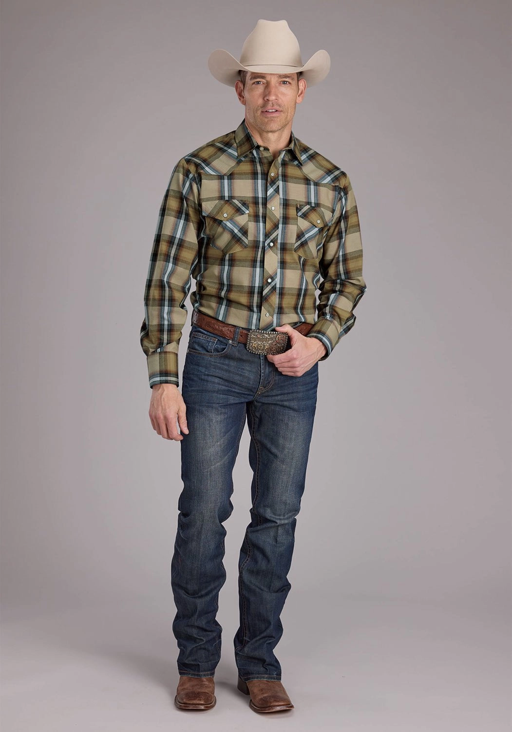 formal dinner Roper Mens 2410 Plaid Tan Cotton Blend L/S Shirt