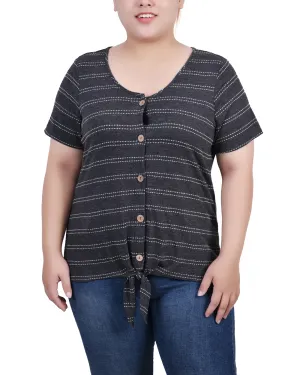 Flocked Detail Plus Size Short Sleeve Tie Front Top Sleek Waistband Functional Style Plus Size Short Sleeve Tie Front Top