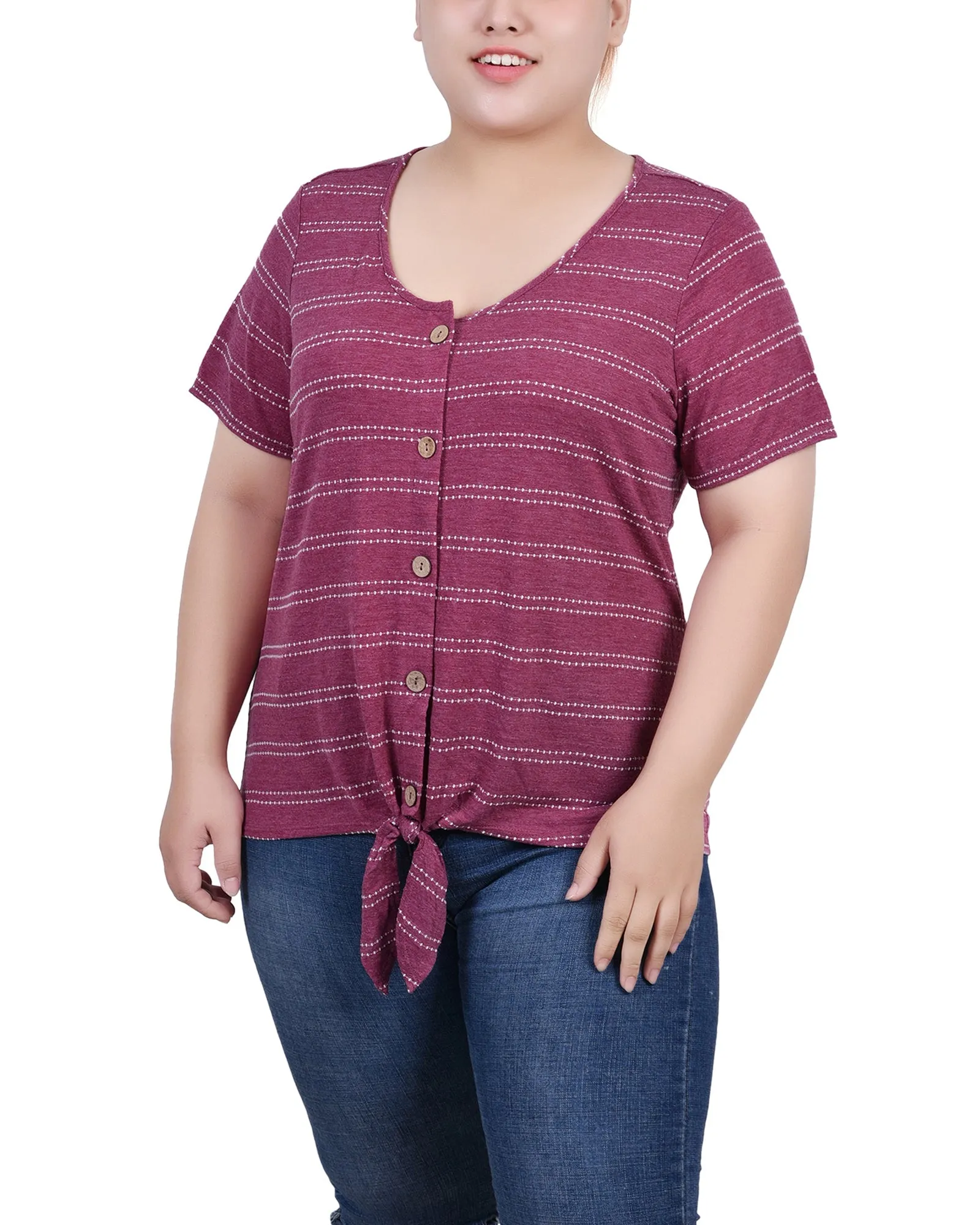 Lace-Edge Plus Size Short Sleeve Tie Front Top