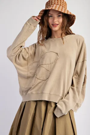 FLORA FLOWER PATCH WASHED TERRY KNIT PULLOVER All-Weather Comfort Versatile Layering Piece MoistureControlFibers FLORA FLOWER PATCH WASHED TERRY KNIT PULLOVER