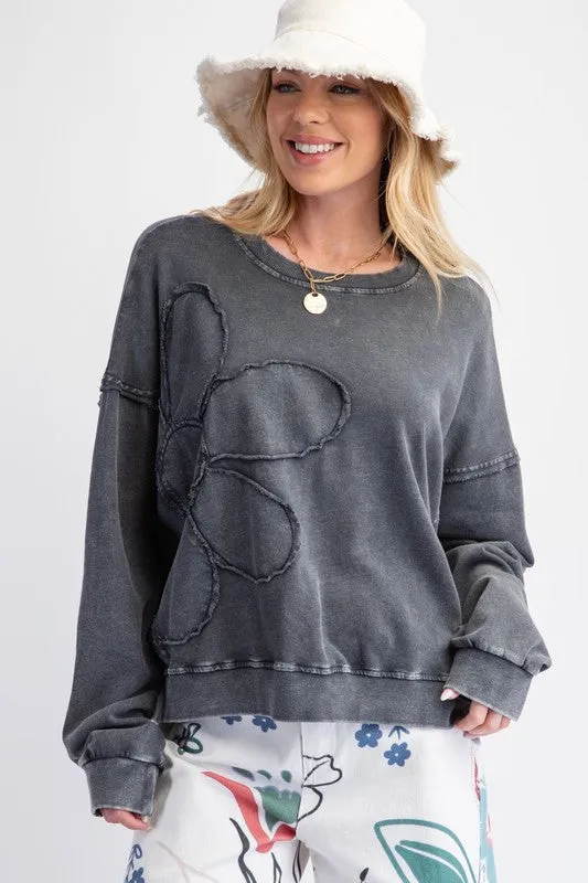 Casual Chic Wear Cozy Essentials FLORA FLOWER PATCH WASHED TERRY KNIT PULLOVER