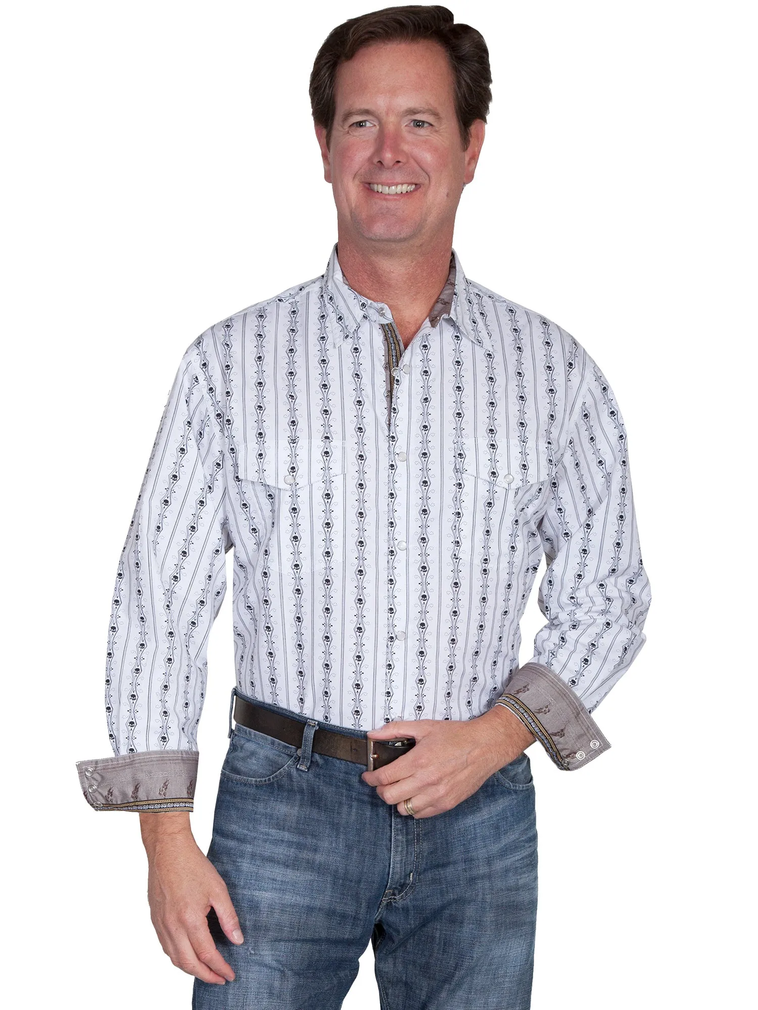 Scully Mens White 100% Cotton Skull Stripe L/S Shirt Stretchable Material Morning Comfort