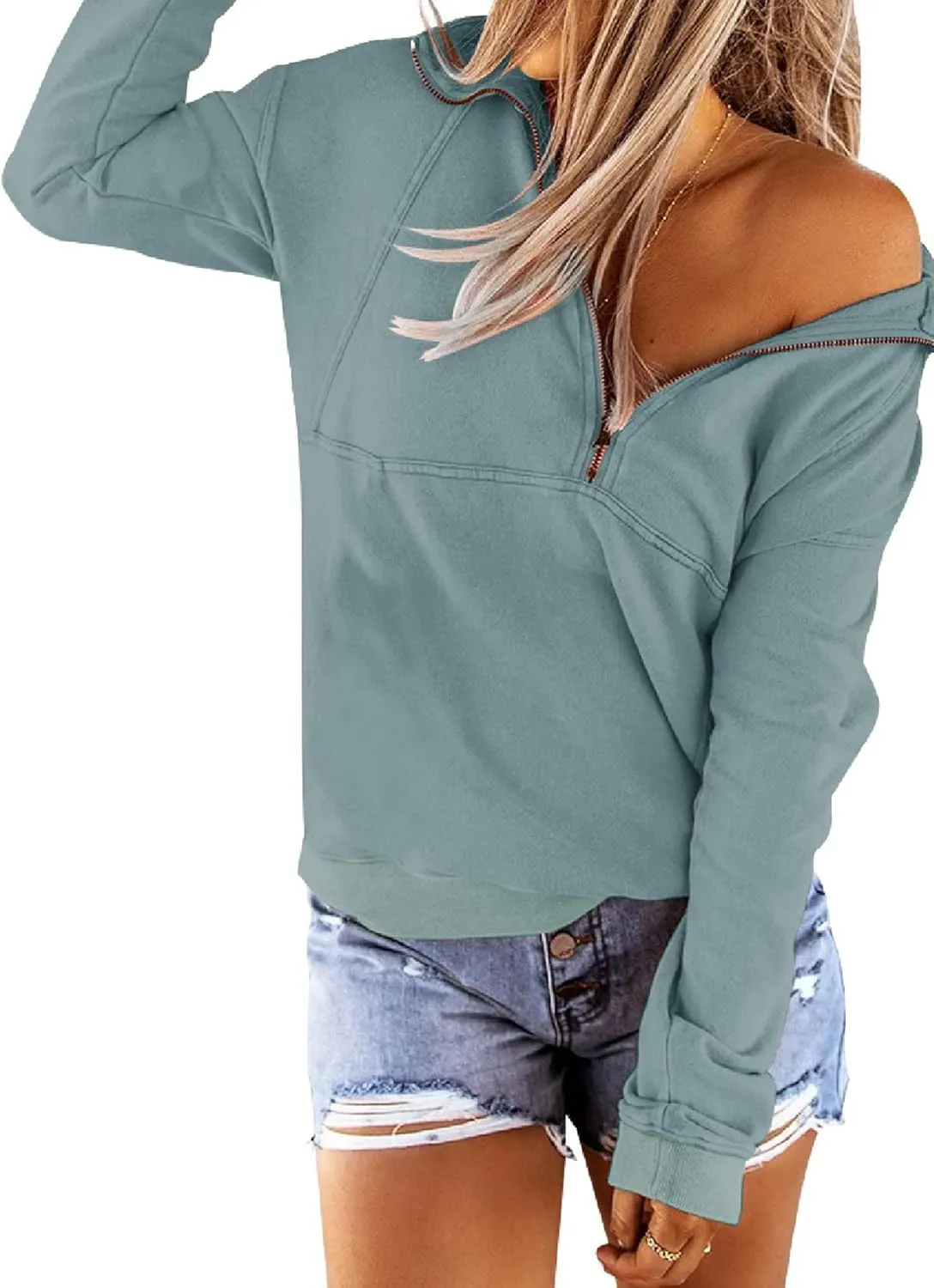 Floral Find Women's Long Sleeve Lapel Half Zip Up Sweatshirt Solid Stylish Loose Fit Casual Pullover Tops
