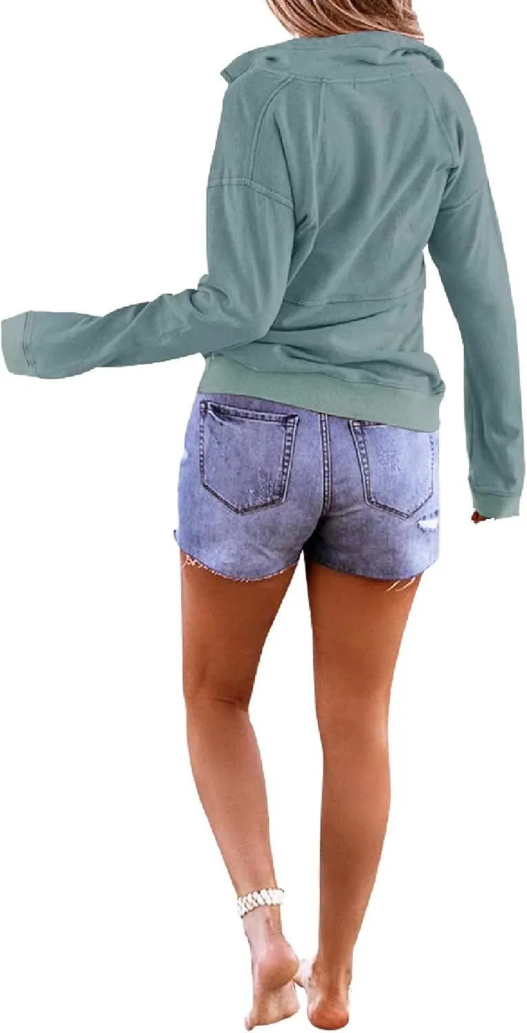 Floral Find Women's Long Sleeve Lapel Half Zip Up Sweatshirt Solid Stylish Loose Fit Casual Pullover Tops