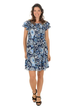 Floral Ikat Flounce Sleeve Pleated Dress Breathable Comfort Wear Floral Ikat Flounce Sleeve Pleated Dress Texture Rich Fall Piece