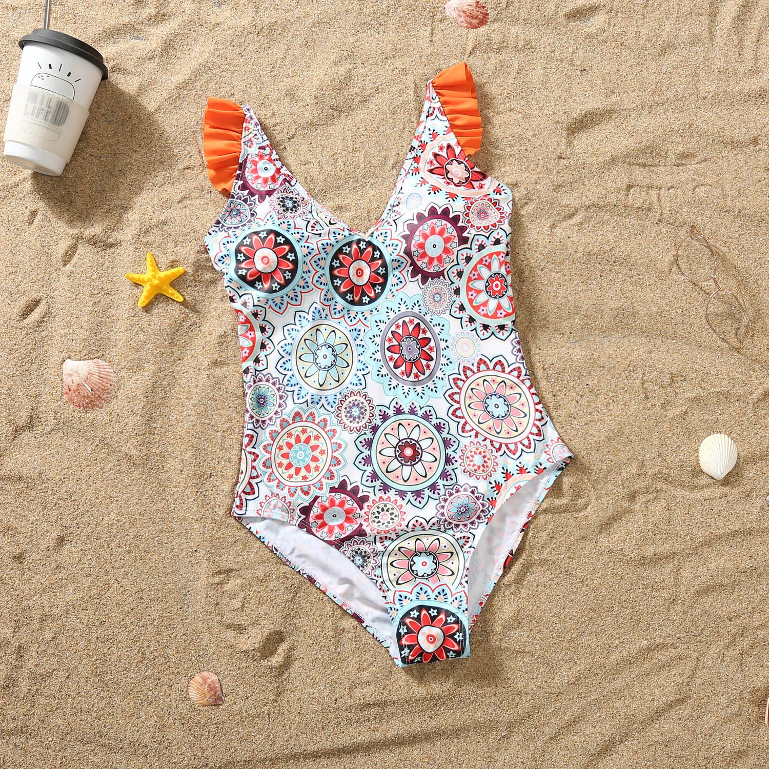 Floral Print Ruffle Trim Family One Piece Swimsuit