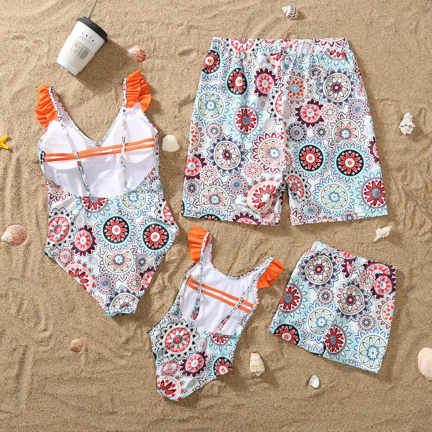 Floral Print Ruffle Trim Family One Piece Swimsuit