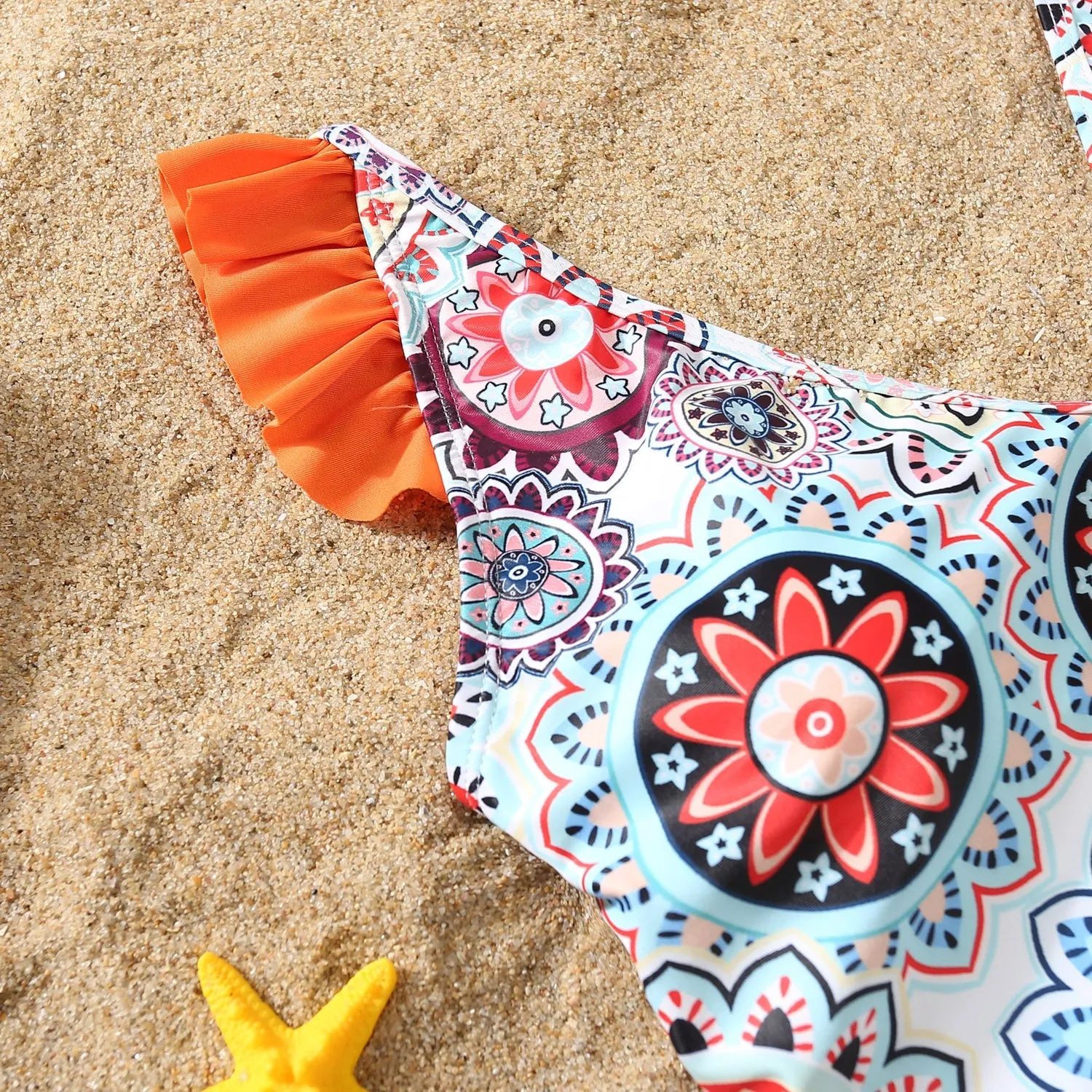 Floral Print Ruffle Trim Family One Piece Swimsuit