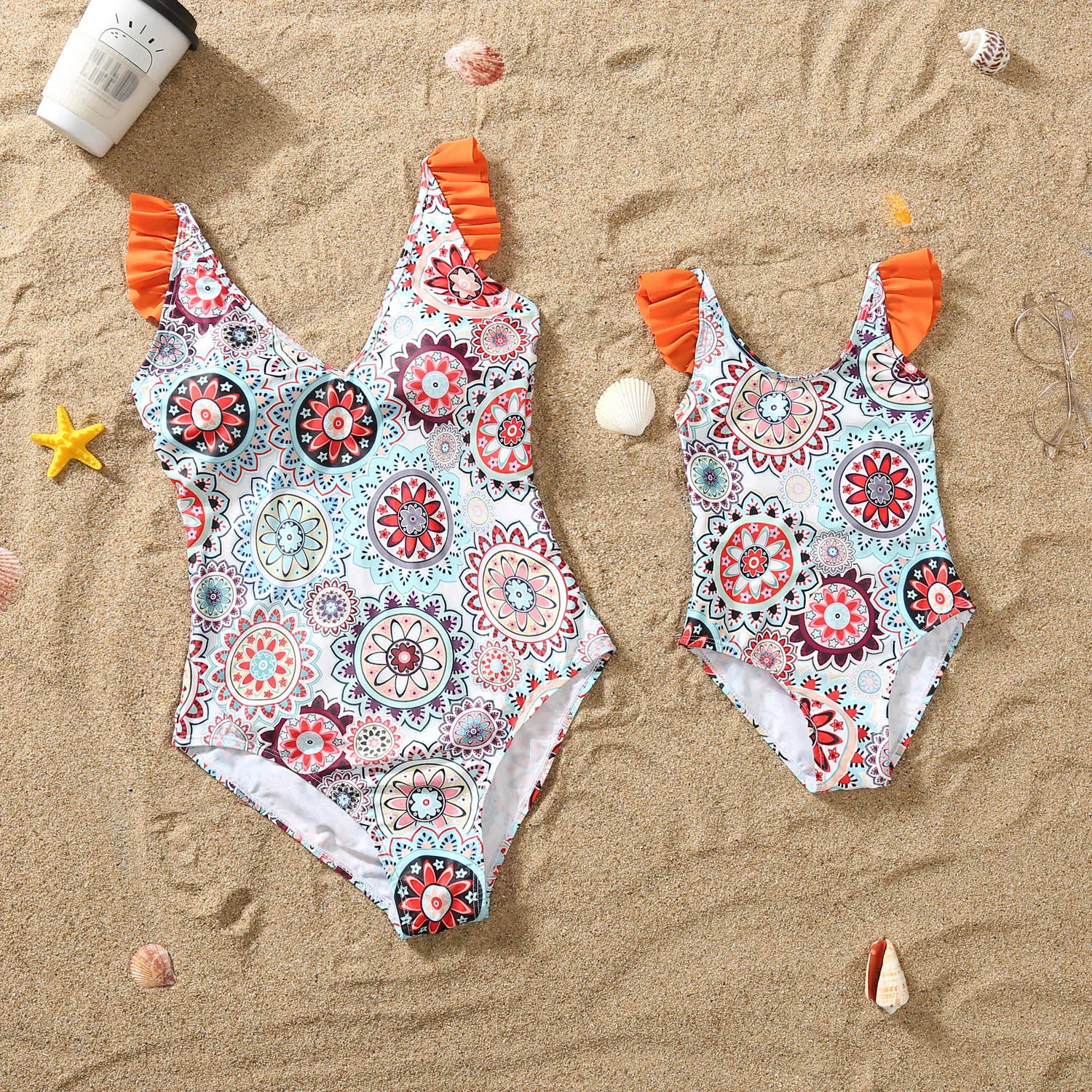 Floral Print Ruffle Trim Family One Piece Swimsuit