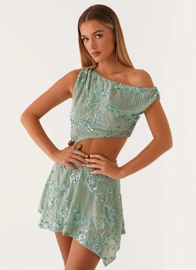 Floral Print Aletta Sequin Mini Dress - Mint Minimal Motion retro-style Aletta Sequin Mini Dress - Mint