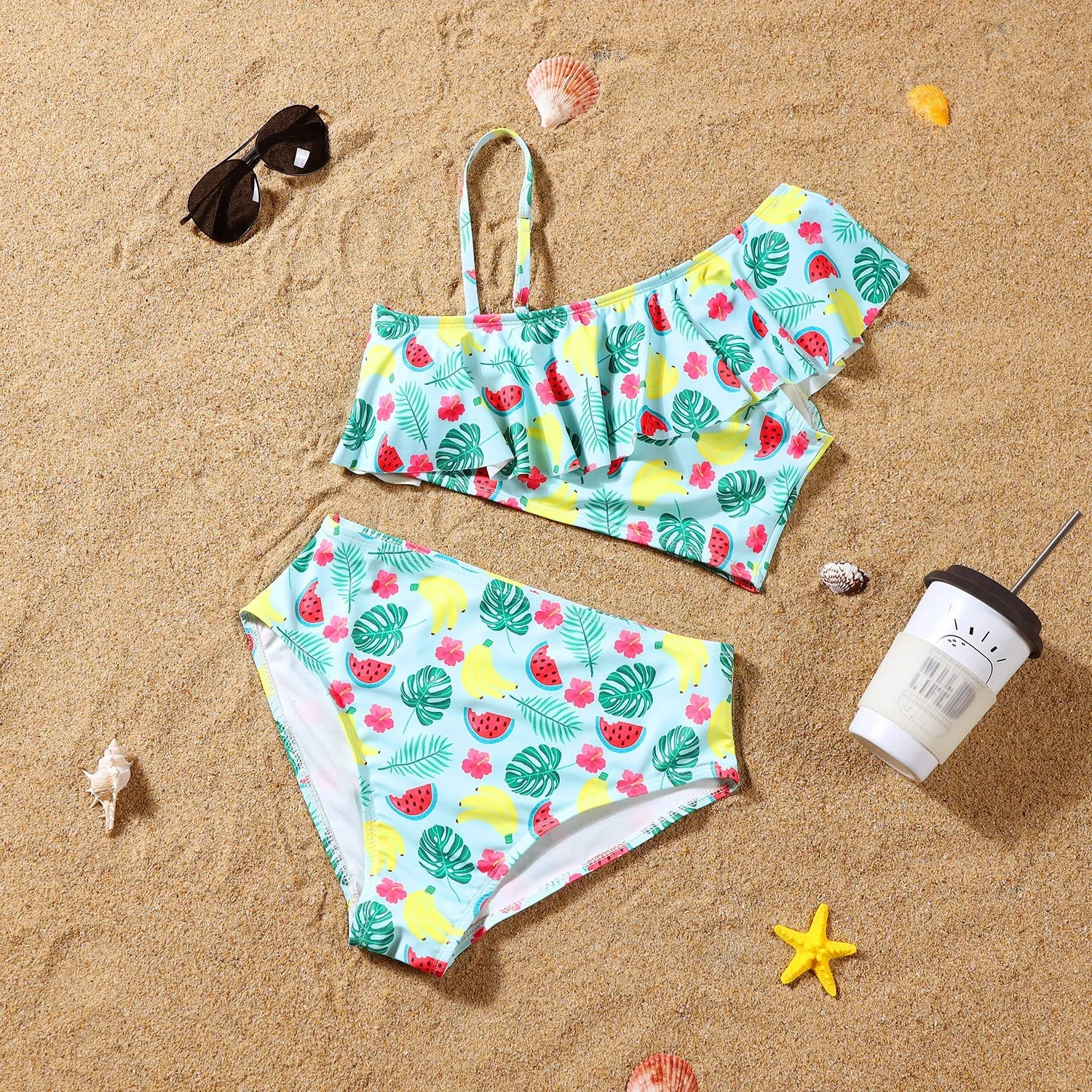 Flounce One Shoulder Bikini Family Swimsuit