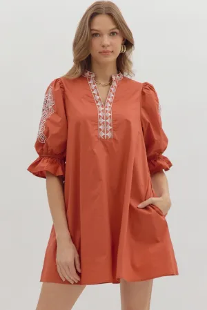 Flowing Lines Claire Crochet Trim Mini Dress in Rust Work Flex Edgy-Look Claire Crochet Trim Mini Dress in Rust