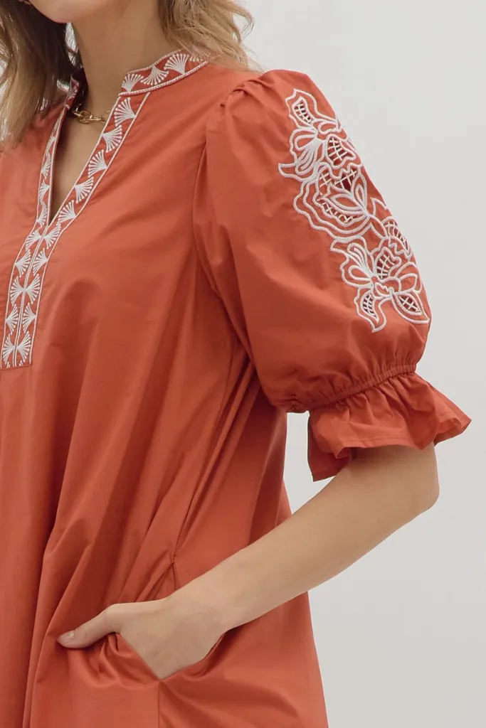 Claire Crochet Trim Mini Dress in Rust Flattering Style Fit