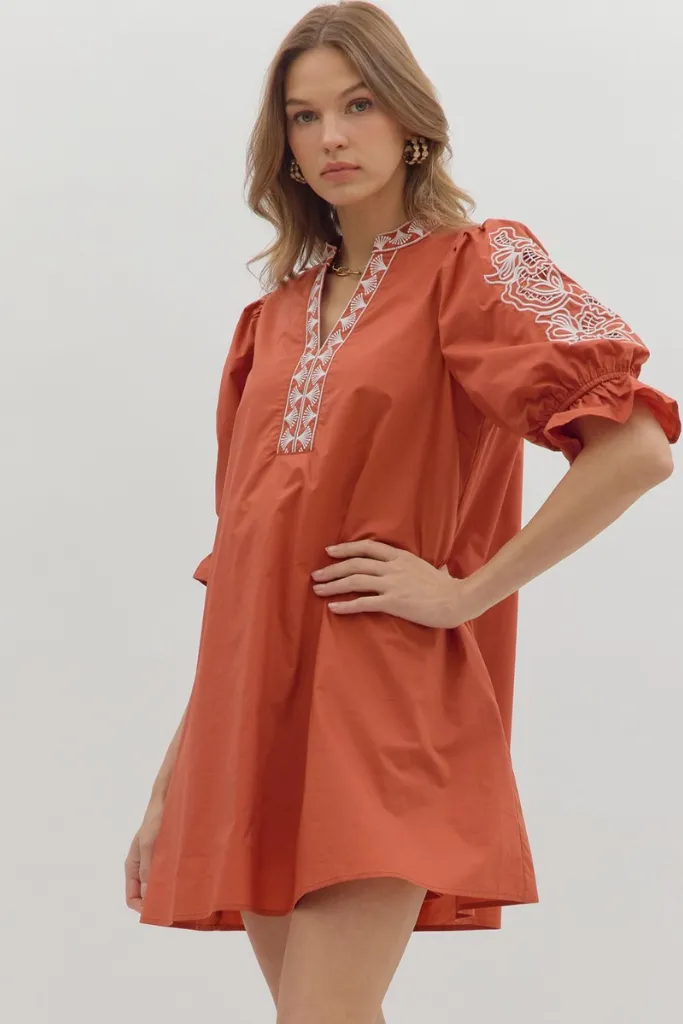 Soft-Lining Claire Crochet Trim Mini Dress in Rust