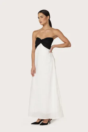 Flowy Look Melody Linen Maxi Dress in White Black Melody Linen Maxi Dress in White Black Ruffle-Detail Chic Tailoring