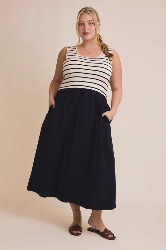 Color-Blocked Weekend Chic Forest Scooped Neck Sleeveless Knit & Woven Mix Dress