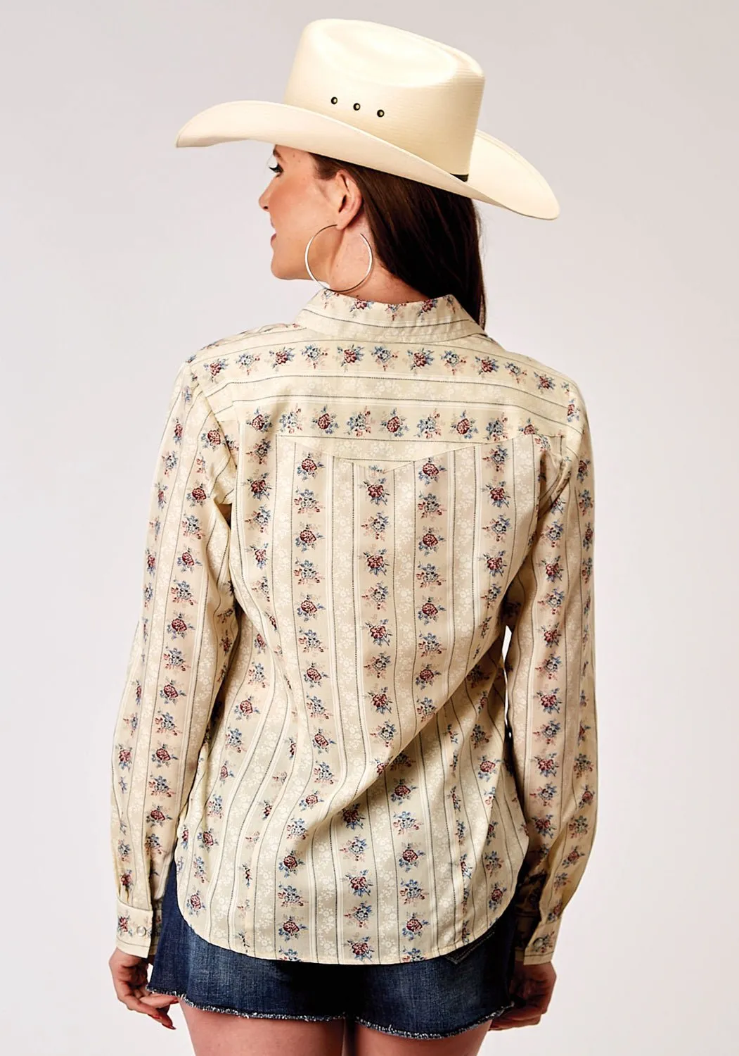 Roper Womens 1963 Floral Stripe Yellow Cotton Blend L/S Shirt Fashion staples