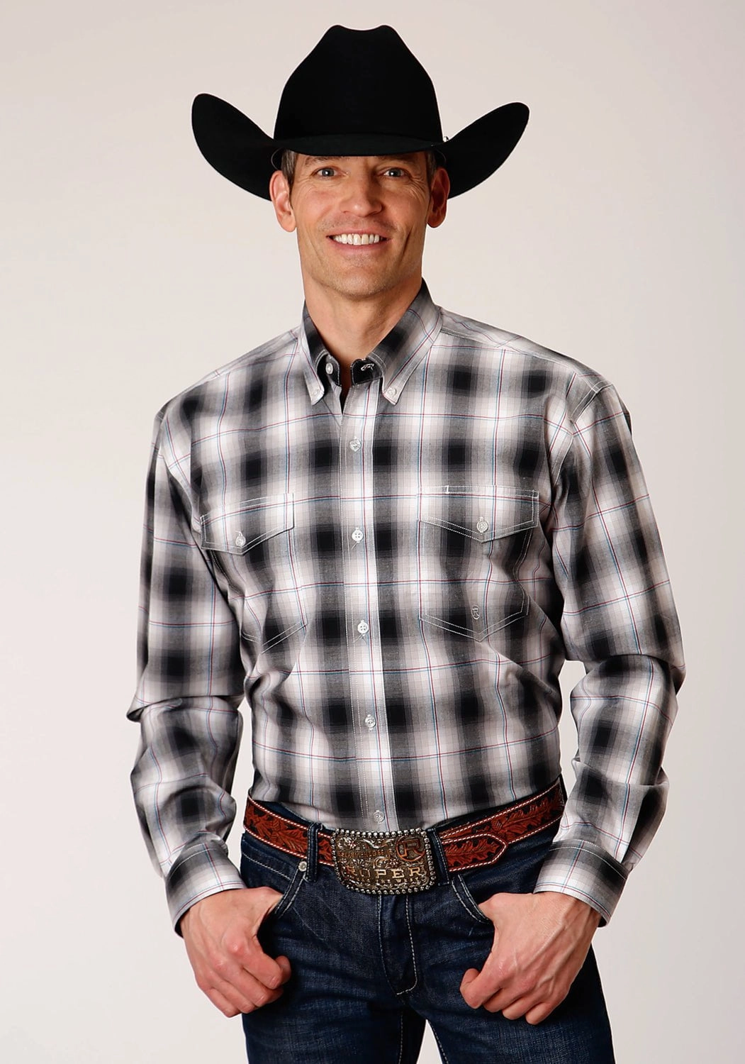 Sporty Look Roper Mens Black 100% Cotton Hills Plaid BD L/S Button Shirt