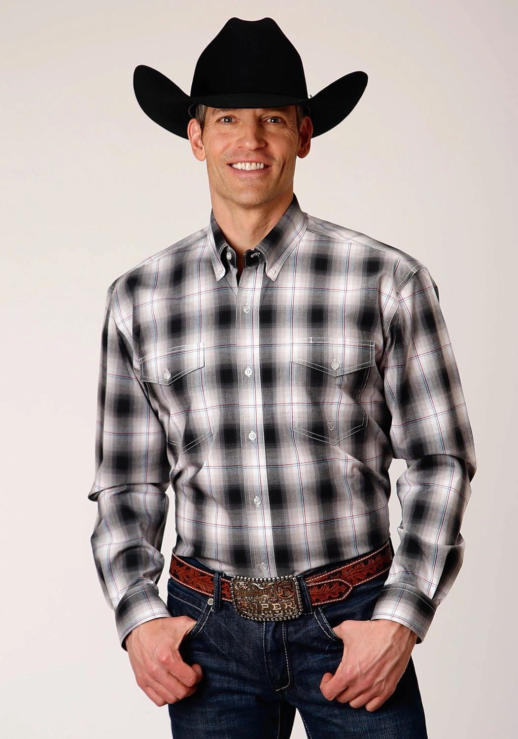 Roper Mens Black 100% Cotton Hills Plaid BD L/S Button Shirt Checkered Look