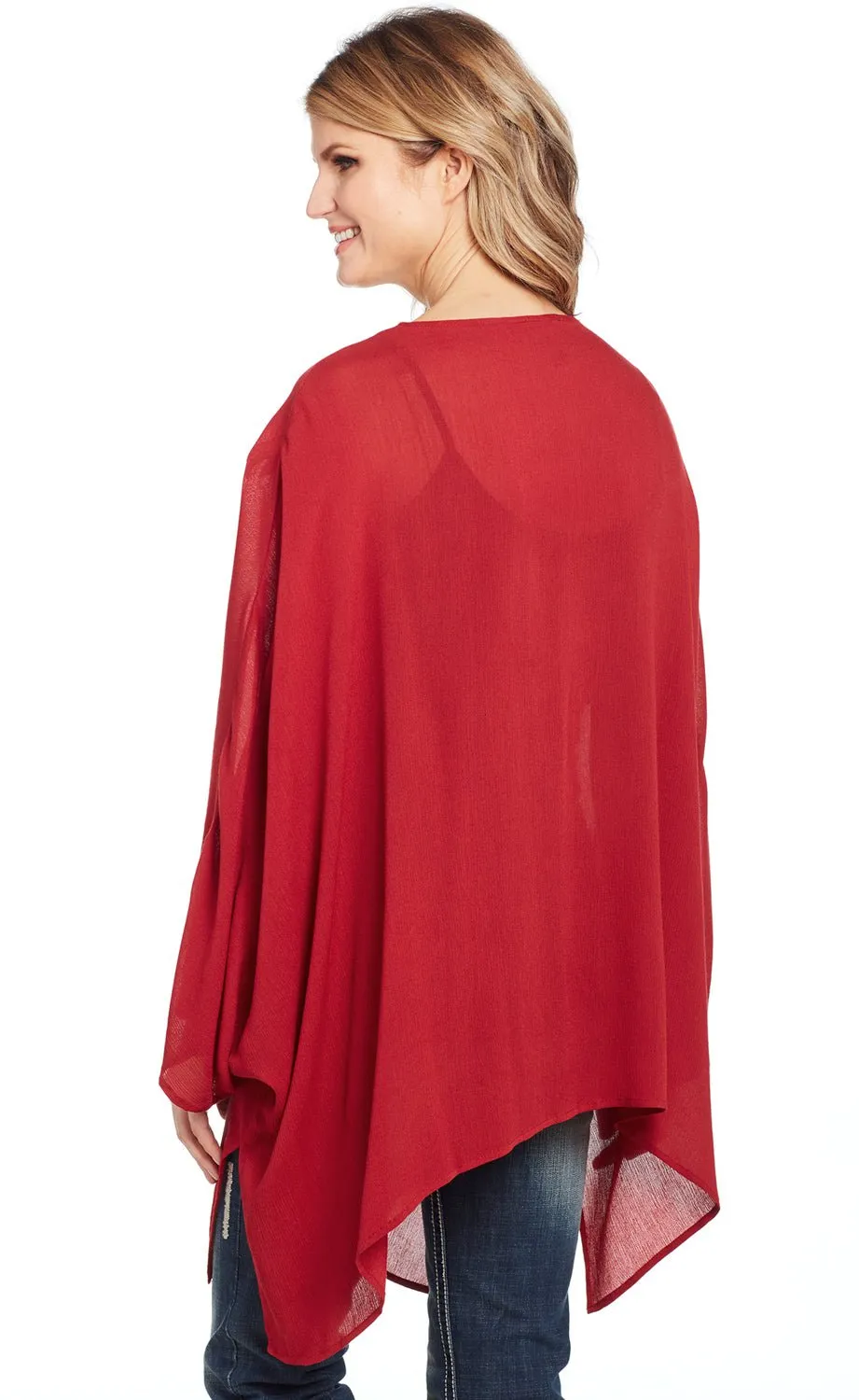 Riveted Stress Points Cowgirl Up Womens Red Rayon Open Kimono Sweater