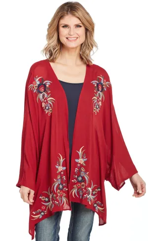 Frayed Edge Trim Cowgirl Up Womens Red Rayon Open Kimono Sweater Relaxed Taper All Use Wear Cowgirl Up Womens Red Rayon Open Kimono Sweater