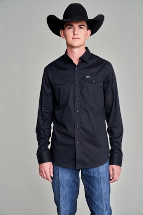 Frayed Detail Kimes Ranch Mens Blackout Dress Black Cotton Blend L/S Shirt Kimes Ranch Mens Blackout Dress Black Cotton Blend L/S Shirt No Slip Shoulder Grips