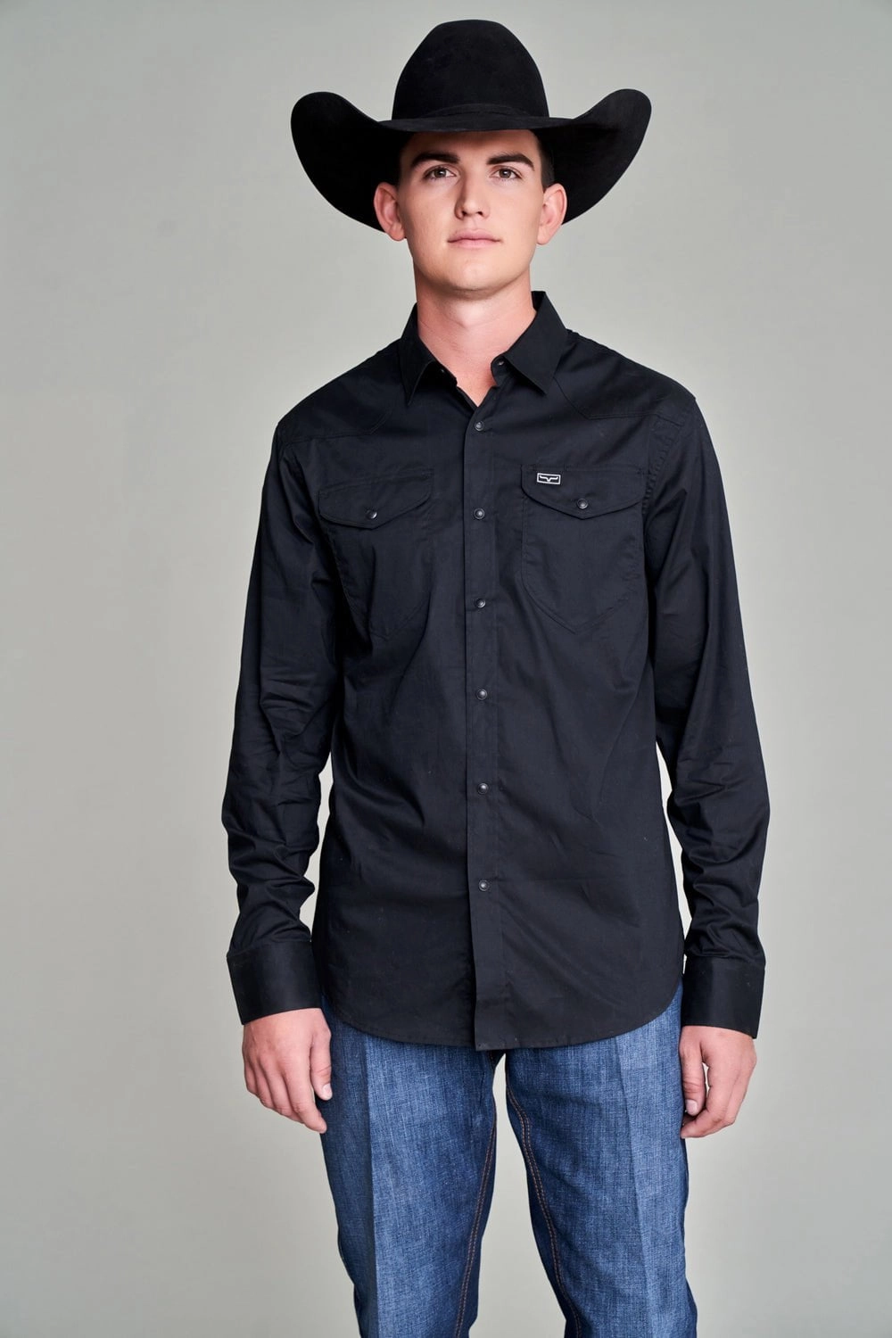 Kimes Ranch Mens Blackout Dress Black Cotton Blend L/S Shirt Microfiber Material