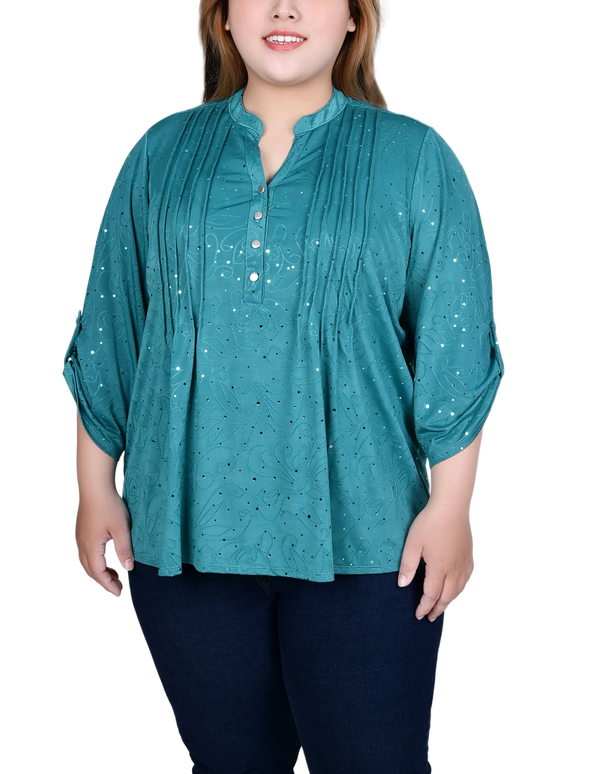 Soft Shape Plus Size 3/4 Sleeve Roll Tab Y Neck Top