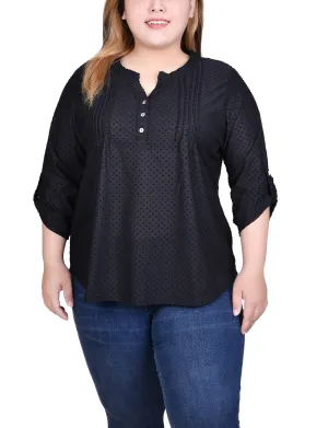 french cuffs Plus Size 3/4 Sleeve Roll Tab Y Neck Top Casual Feel Formed Look Plus Size 3/4 Sleeve Roll Tab Y Neck Top