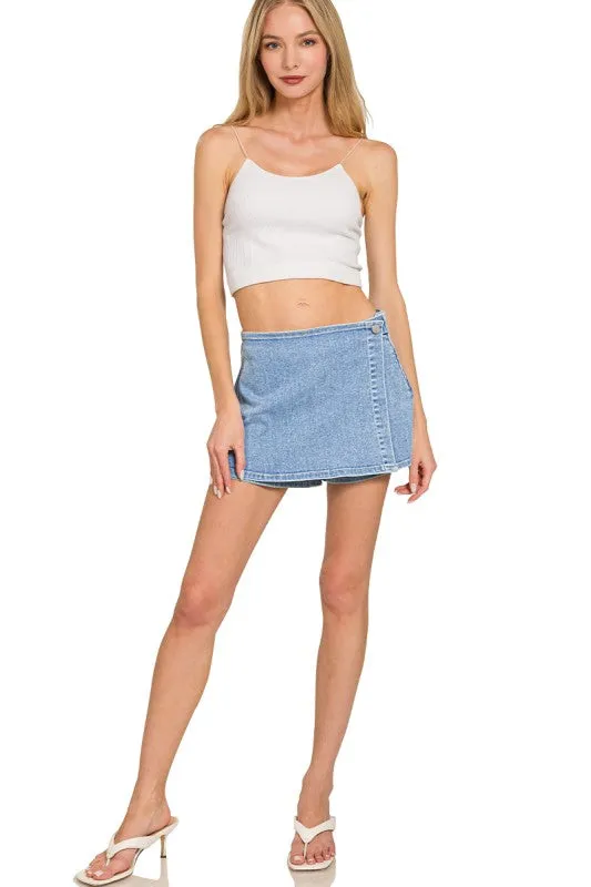 Textured Yarn Blends Lightweight Morning Stroll Durable Heather Wrap Front Skort Denim