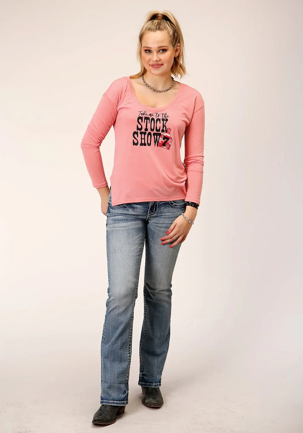 Roper Womens Stock Show Pink Poly/Rayon 3/4 Sleeve L/S T-Shirt Relaxed Look