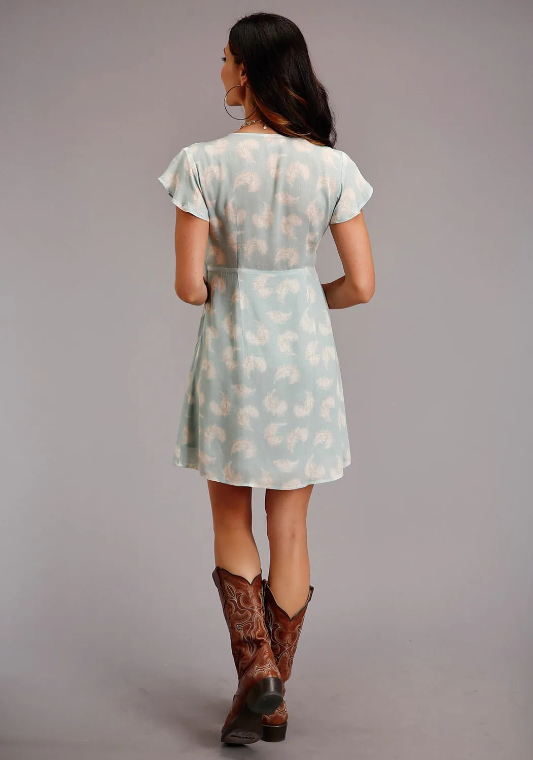 Style Blend Morning Stroll Streetwear Fan Stetson Womens Blue Rayon/Nylon Feather Print S/S Dress