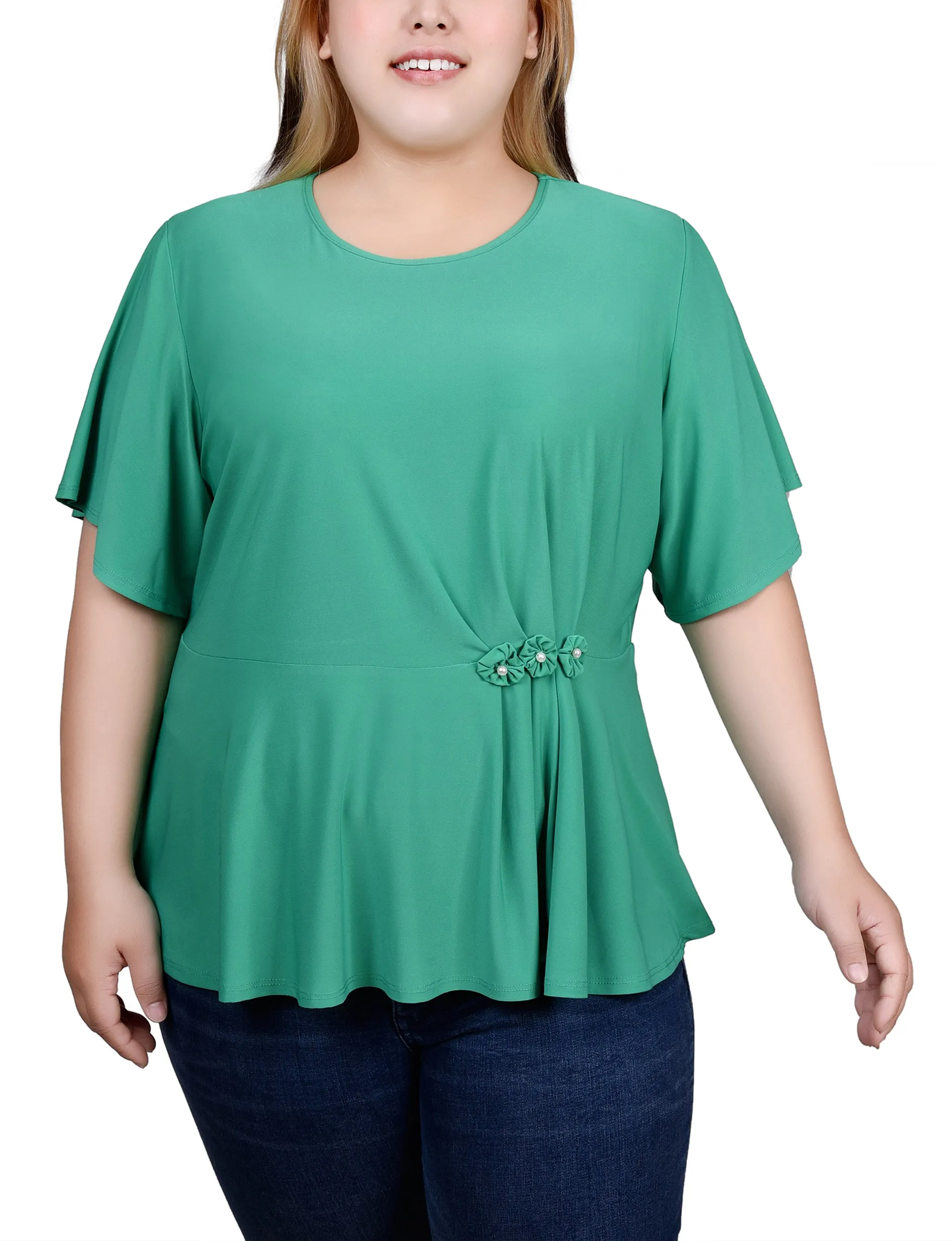 Neutral Feel Plus Size Flutter Sleeve Flower-Detail Top