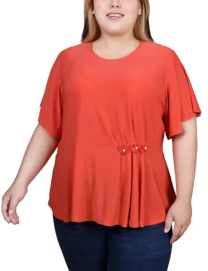 Fresh Style Plus Size Flutter Sleeve Flower-Detail Top Night Vibes Relaxed Design Plus Size Flutter Sleeve Flower-Detail Top