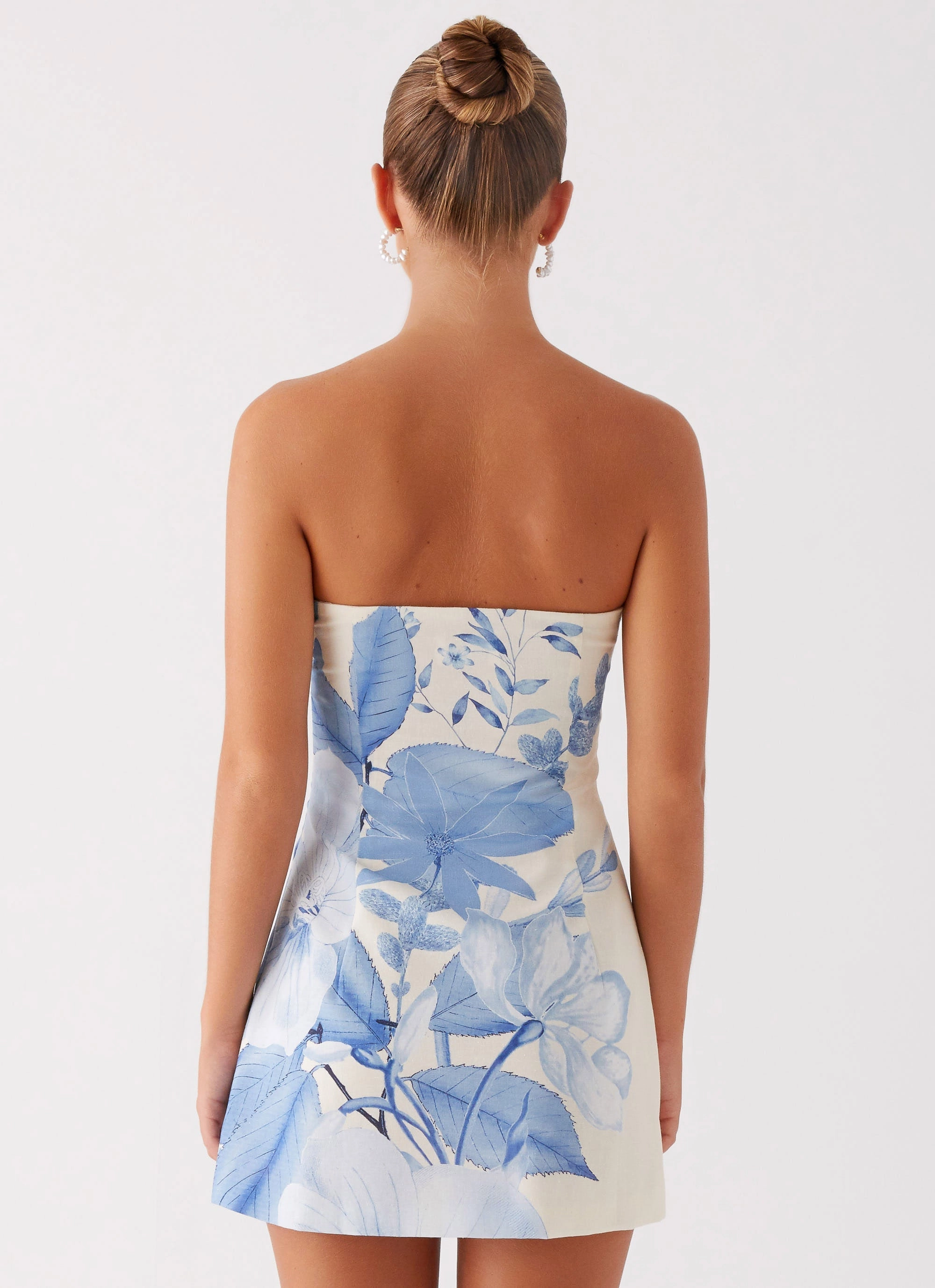 Denby Strapless Mini Dress - Blue Floral Print Tulle Air Matte-Lining