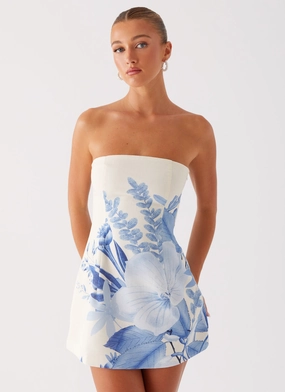 Fresh Goods Denby Strapless Mini Dress - Blue Floral Print Cozy Cut Denby Strapless Mini Dress - Blue Floral Print