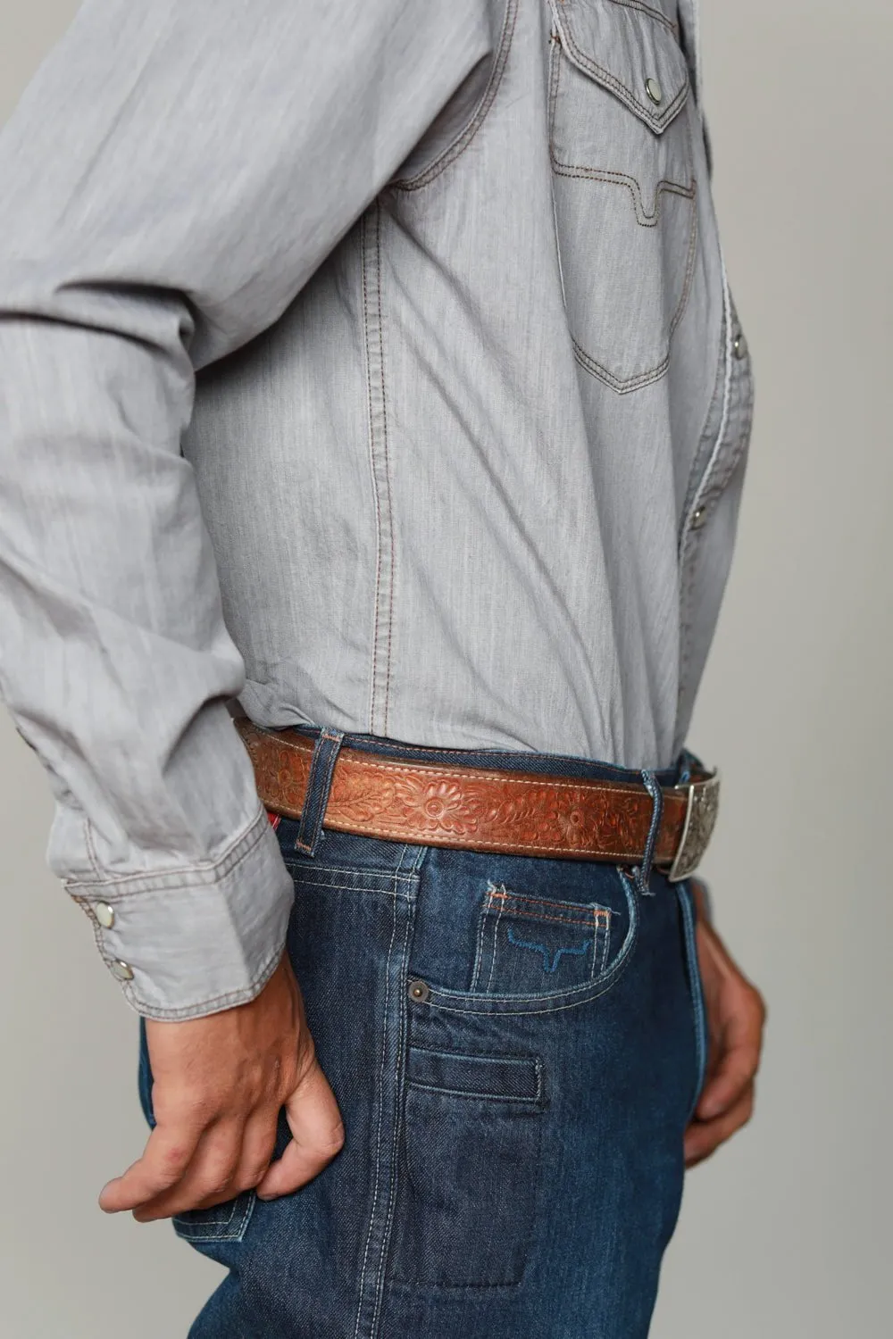 Breathable back panel Non Chafe Seams Kimes Ranch Mens Grimes Grey Denim Cotton Blend L/S Western Shirt