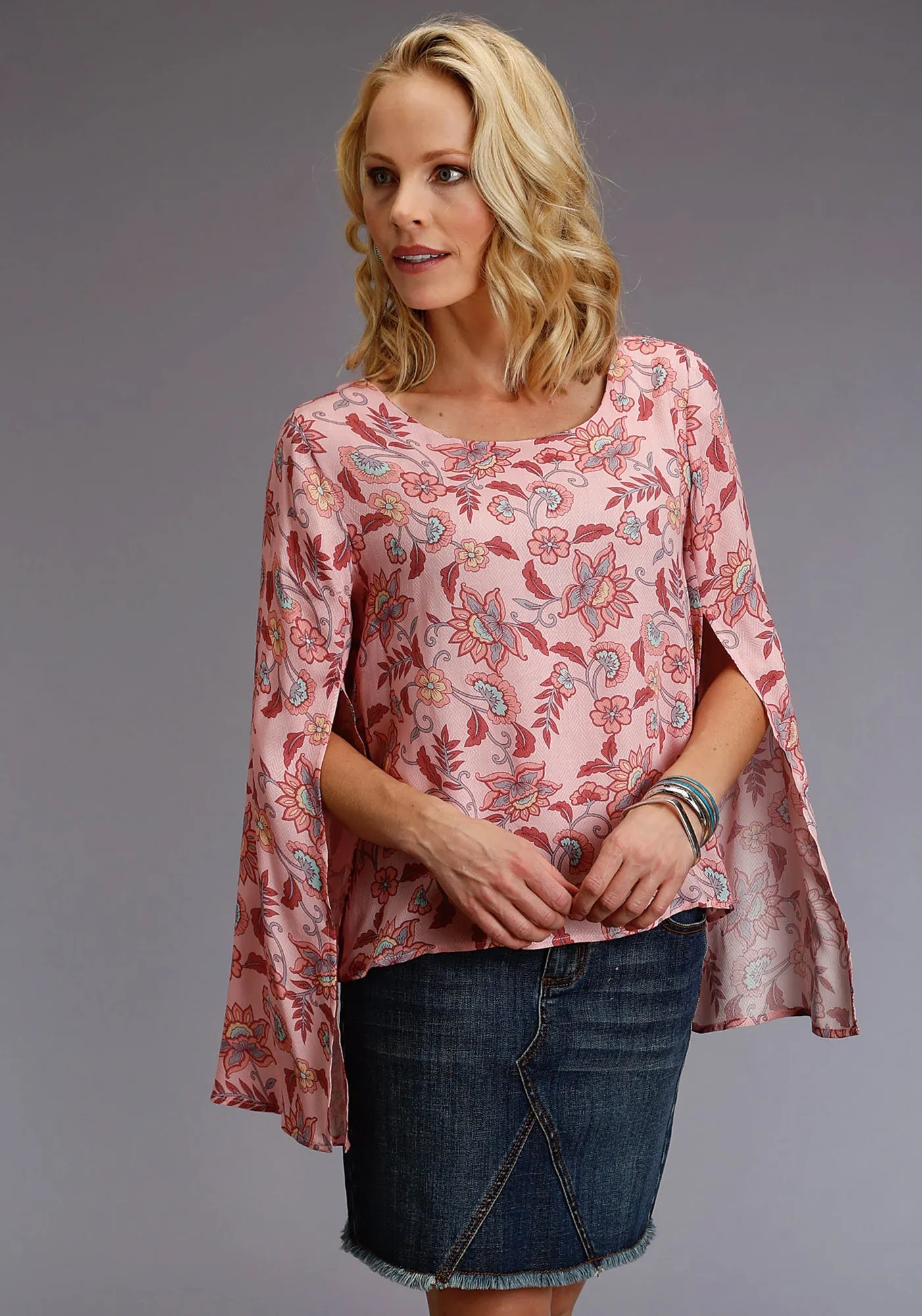 Stetson Womens Wildflower Herringbone Pink 100% Rayon S/S Blouse Performance Fabric Winter Layering