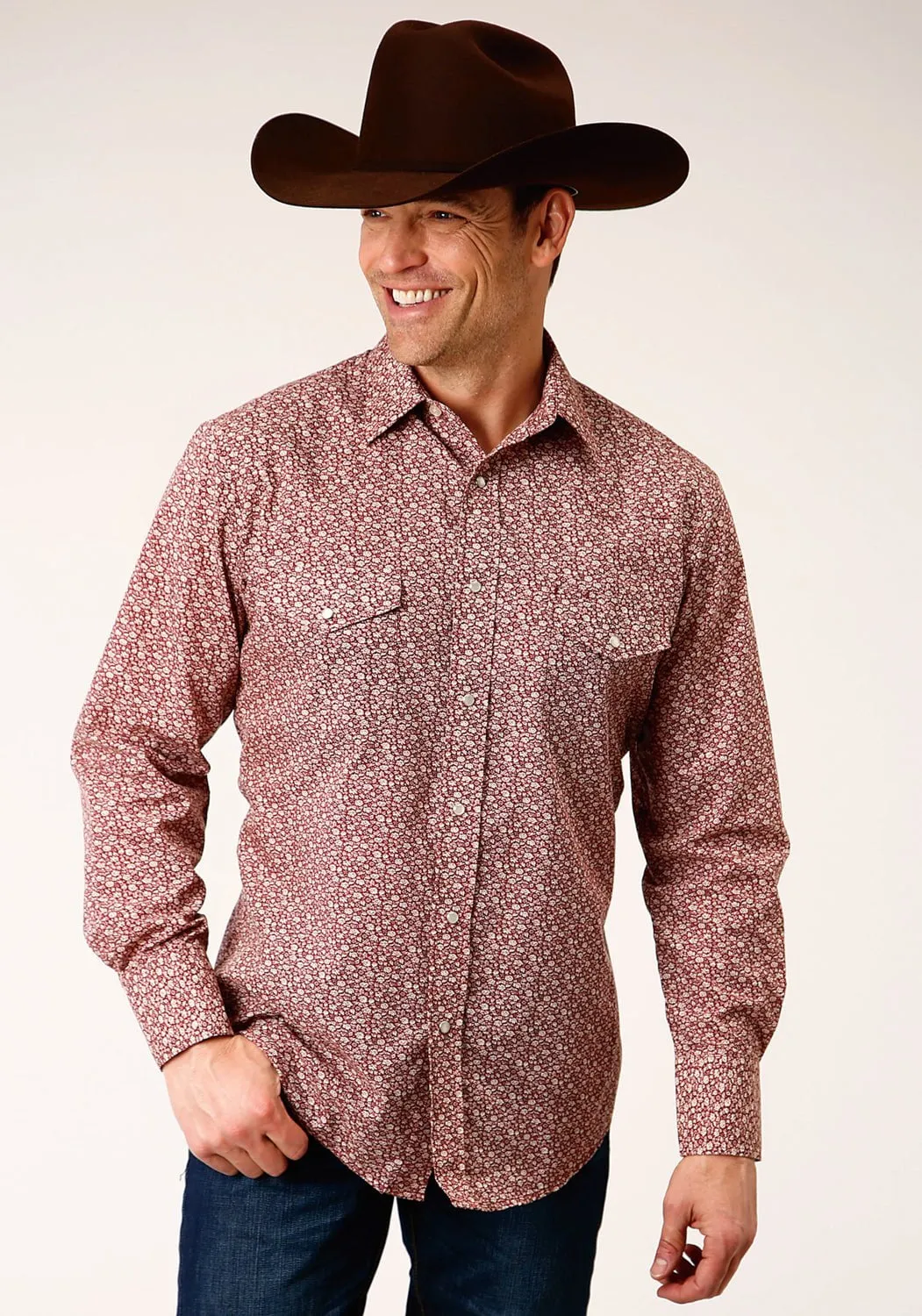 Lightweight Feel Trendy Layer Roper Mens Vintage Floral Red/Cream Cotton Blend L/S Shirt