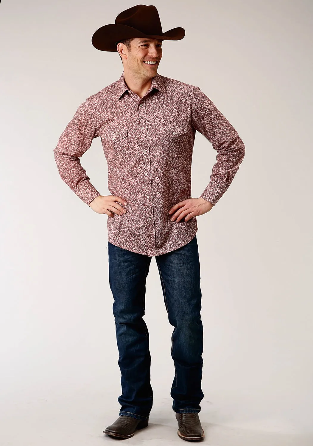 Trendsetting Reinforced Shoulders Roper Mens Vintage Floral Red/Cream Cotton Blend L/S Shirt